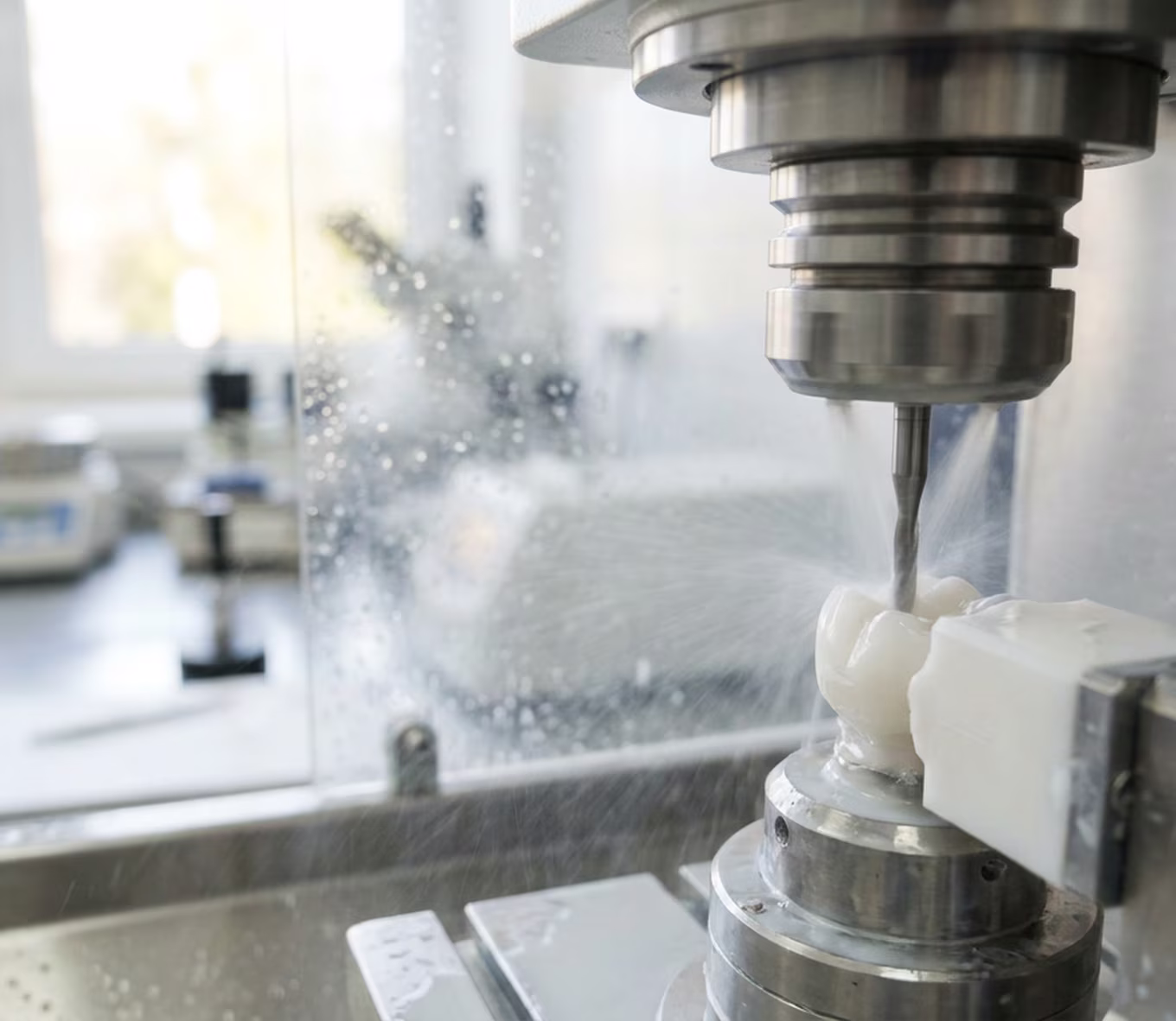 Fräse arbeitet unter Wasserkühlung eine Krone aus Zirkon heraus