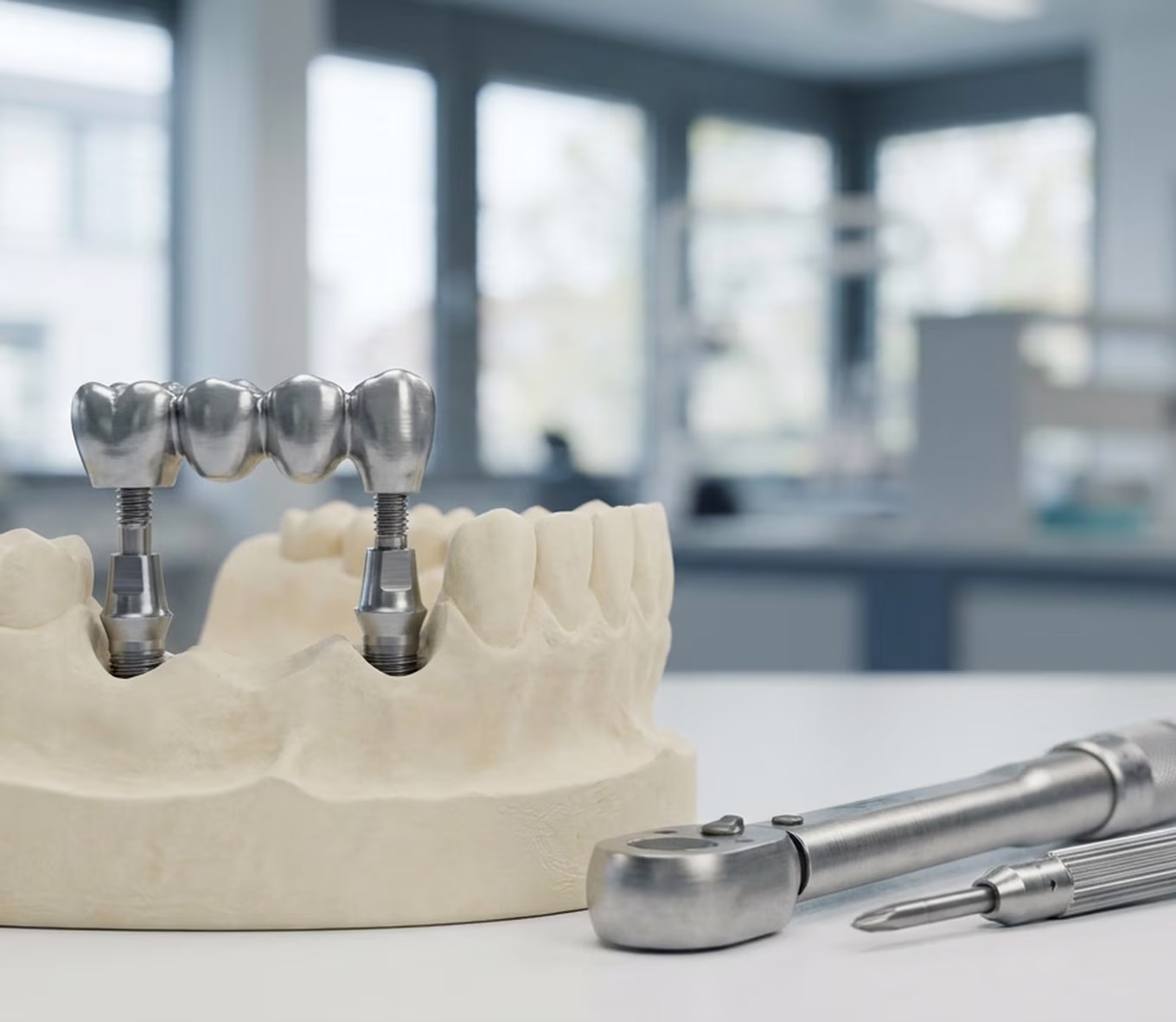 Implantataufbauten und eine verschraubte Brücke auf dem Modell