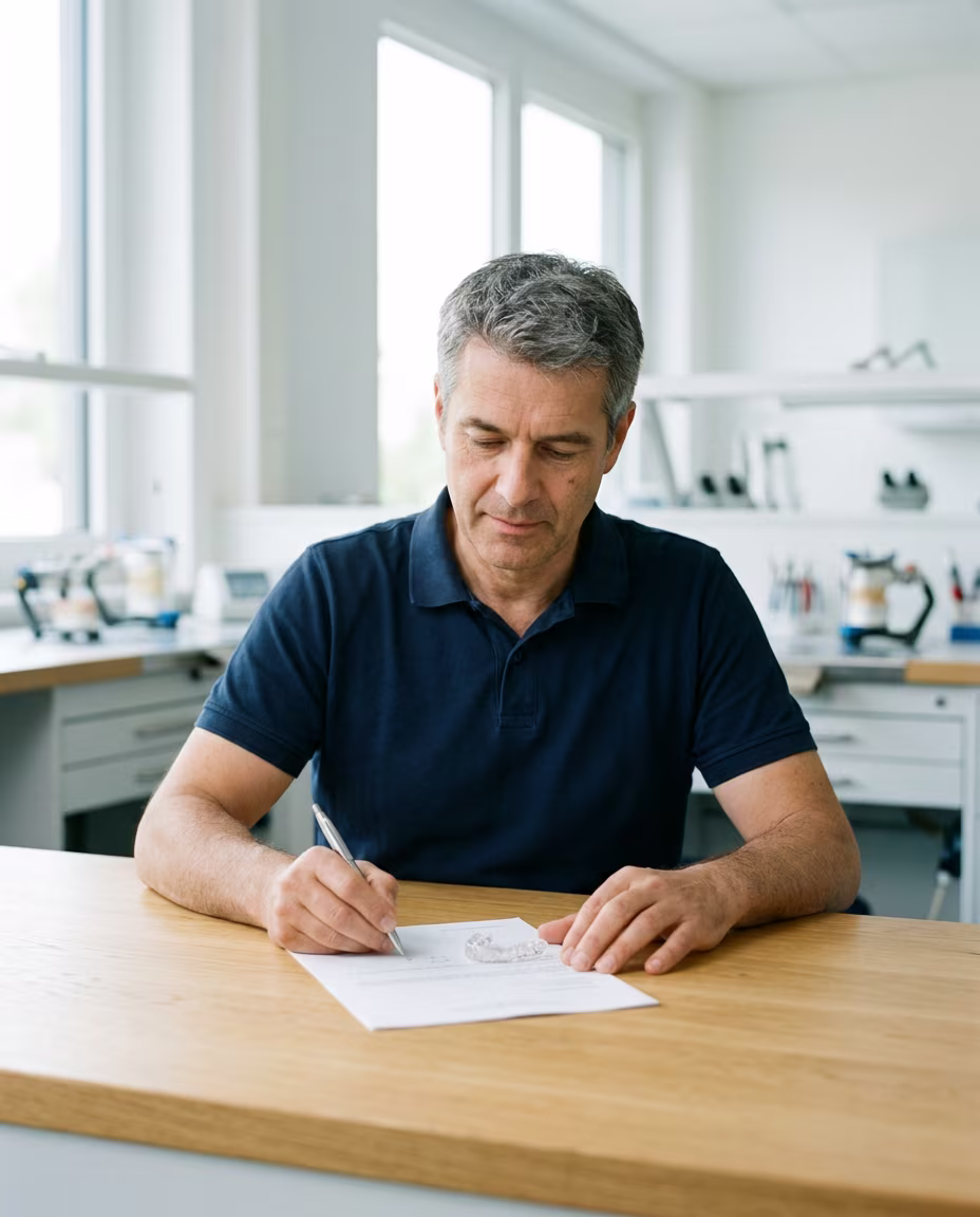 Laborinhaber arbeitet am Schreibtisch ein Angebot für eine Praxis aus