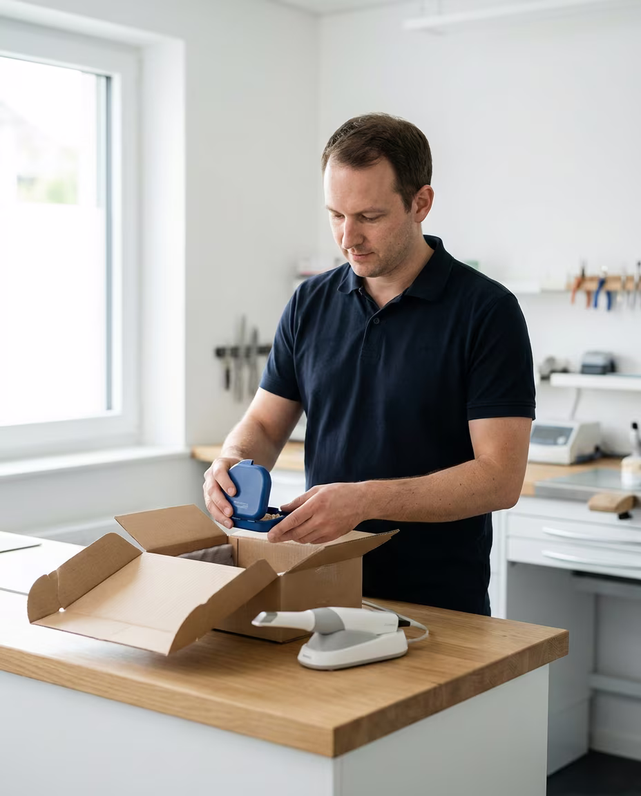 Zahntechniker verpackt eine Arbeit für den Postversand an eine Praxis